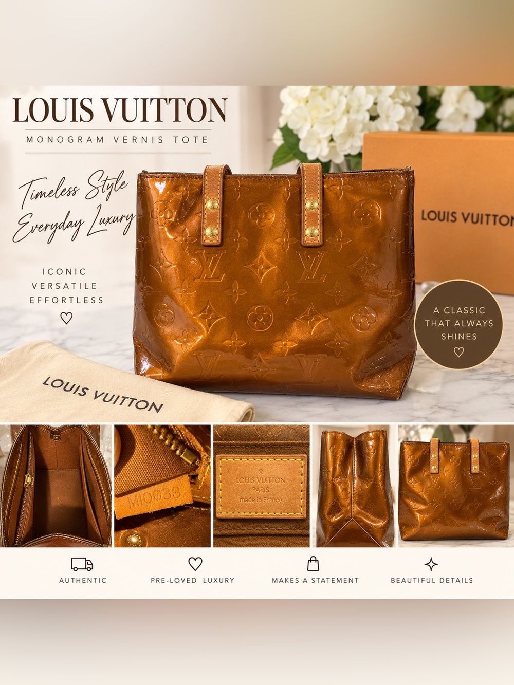 Louis Vuitton Monogram Vernis Tote Metallic Bronze Copper Patent Leather - Picture 2 of 16